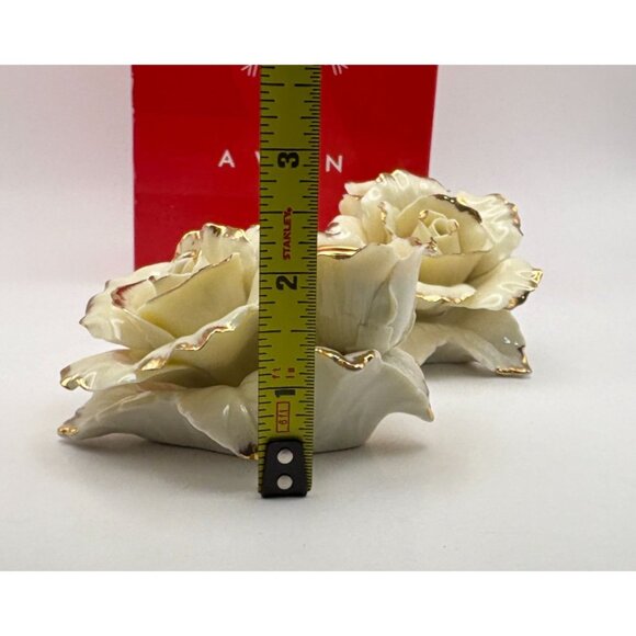 Avon Winter Rose Porcelain Candle Holders Vintage Christmas Rose Pair Gold Trim - Picture 9 of 12